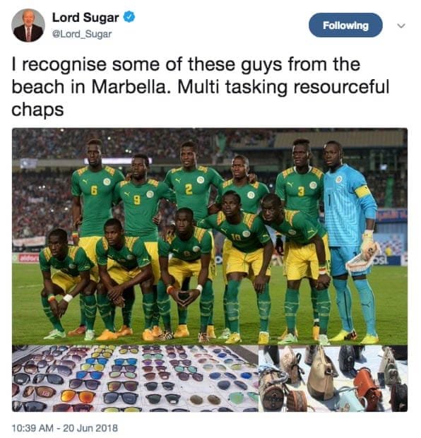 Hypocritical ‘casual racist Sugar’ supports ‘casual racist Johnson’s bid to become Tory leader' in hopes of stopping anti racist Corbyn 1 bee7e0b1 lord sugar%E2%80%99s controversial tweet featuring the senegal squad