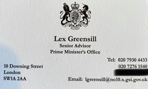 business card for the financier Lex Greensill