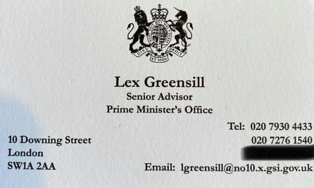 Revolving Doors: David Cameron Financier Lex Greensill claimed to be 'senior adviser' to Prime Ministers office 1 business card for the financier Lex Greensill
